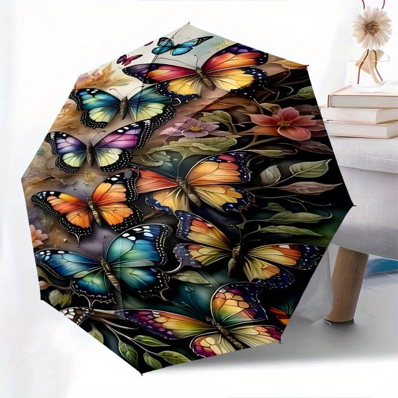 Butterfly Garden Automatic folding umbrella simple eight rib design, bright color pattern, durable iron frame, ideal for travel and outdoor