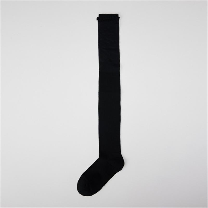 Solid Color Stretch Ruffle Trim Over Knee Long Socks for Women Japanese Student Sheer Mesh Splicing Thigh High Stockings