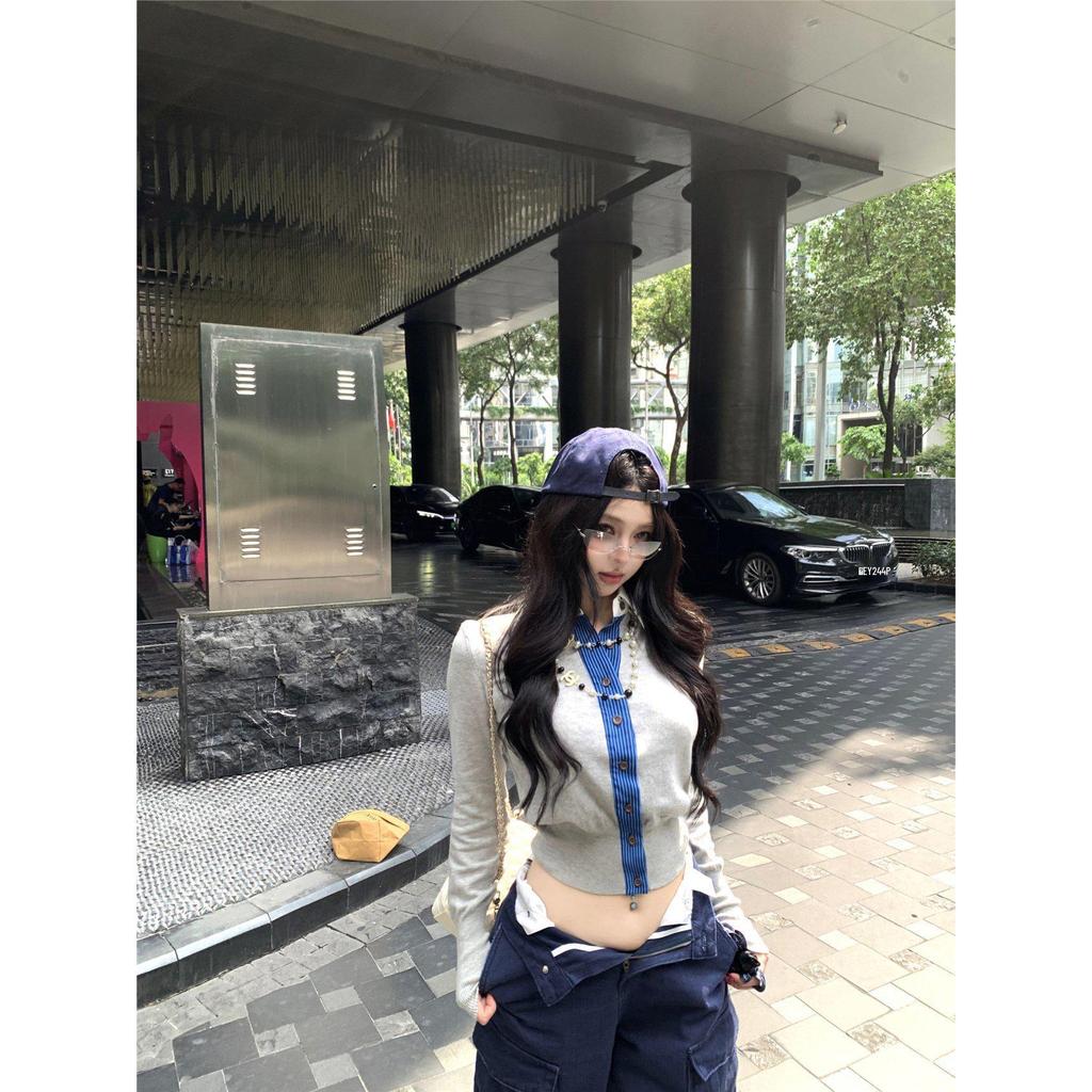 Retro Patchwork Slimming Waist-Cinching Knitwear: American Style Fake Two-piece Cardigan for Autumn/Winter