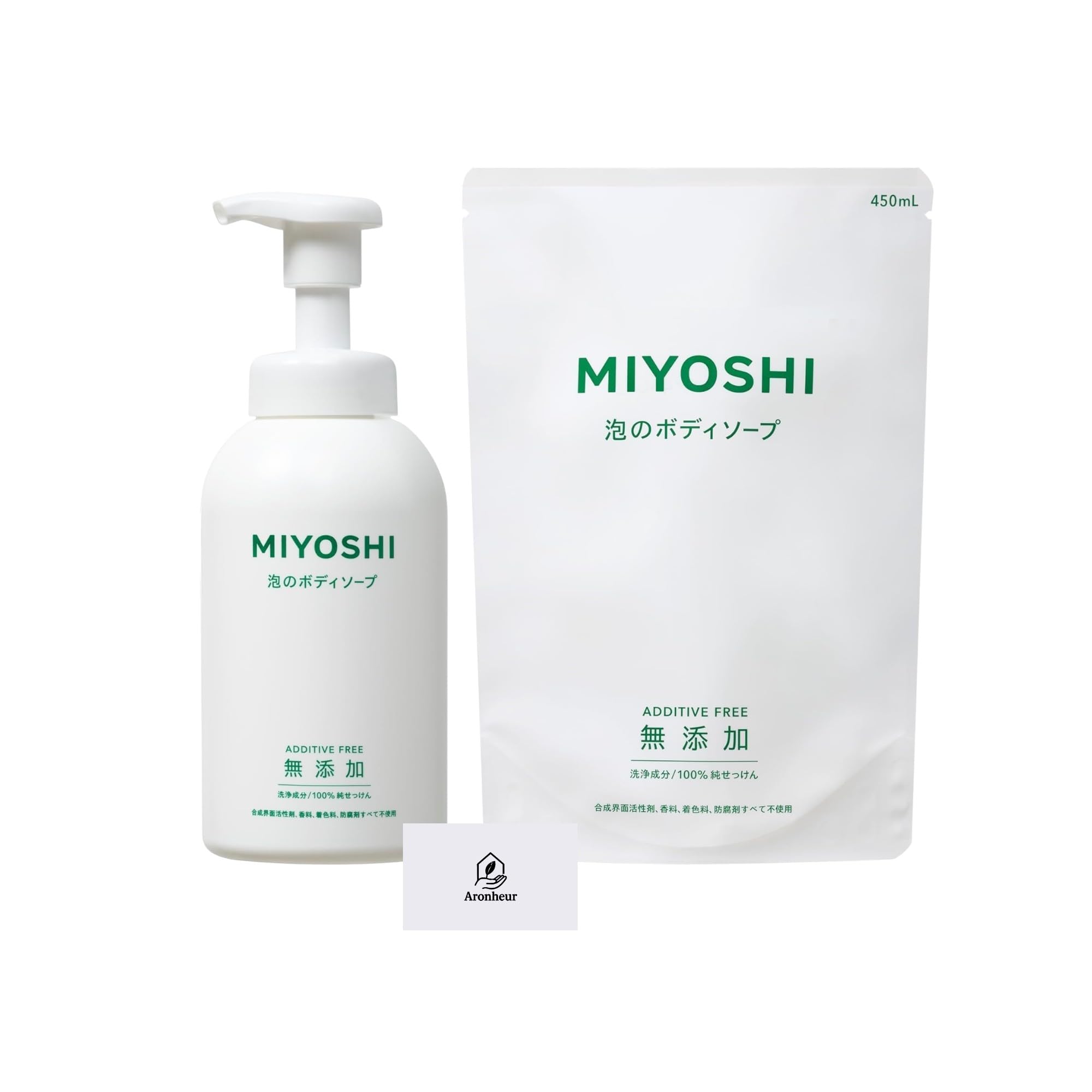 Miyoshi Additive-Free Foaming Body Soap, 500ml bottle + 450ml refill, with Aronheur original mask case.
