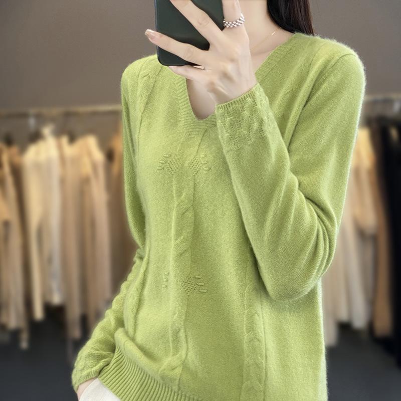 INDFS Damenmode Lässig Herbst Winter Einfarbig Druck Langarm V-Ausschnitt Pullover