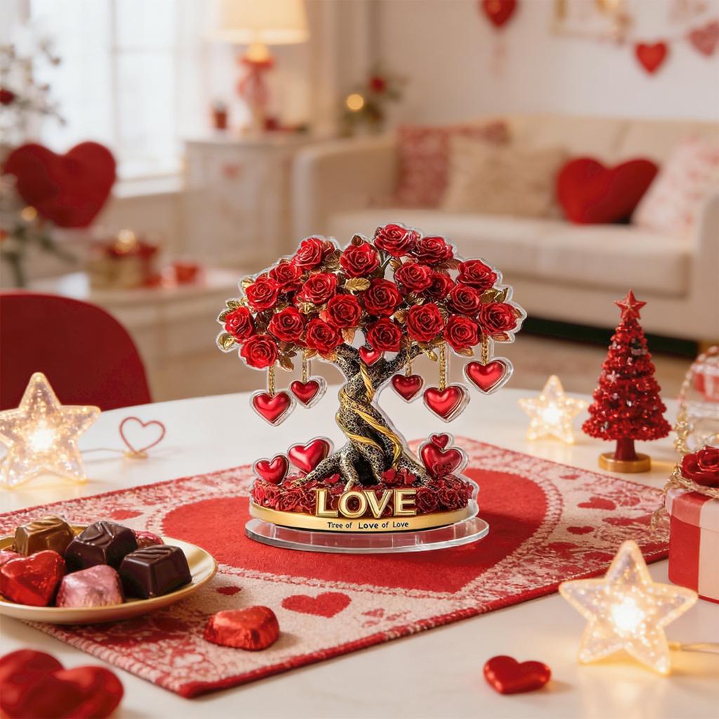 Valentine's Day Rose Tree With Heart Table Decoration,2D Flat Acrylic Ornament For Desktop Mantel Kitchen Decor Holiday Winter Party Gifts