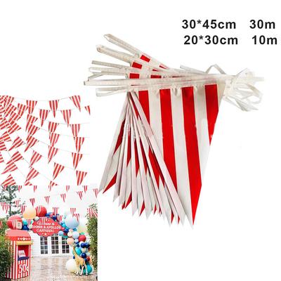 10/30M Bandeirola de Festa com Tema de Carnaval Plástico Vermelho Branco Listrado Triângulo Bunting Para Festa de Aniversário de Circo Decoração de Casa