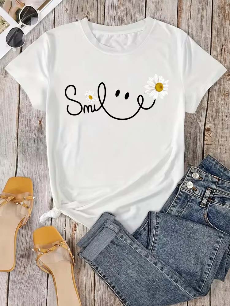 Beautiful Daisy Smile Letter Printed T Shirt Harajuku Fashion Graphic Black T Shirt Shirt Casual O-neck Female Tops Tee