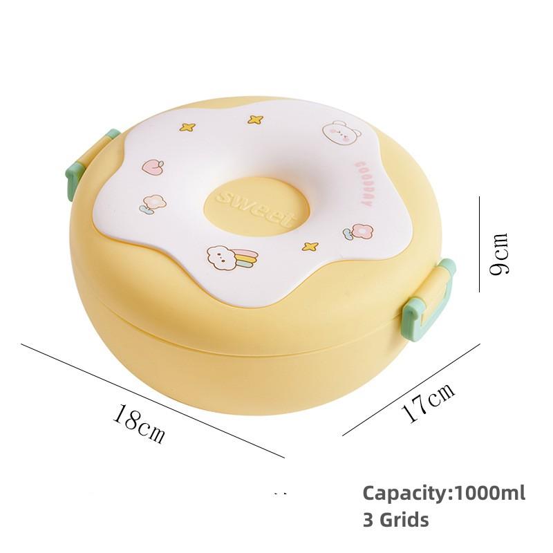 Brotdose für Kinder Schule Kind Snackbox Donut Cartoon Auslaufsichere Bento-Box Lunchtaschen mit Gabel Löffel 3 Fächer Mikrowellengeeignet 3&1000ml&1