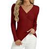Women's Fashion Twisted V-Neck Slim T-Shirt Long Sleeve Pullover Solid Colour Top