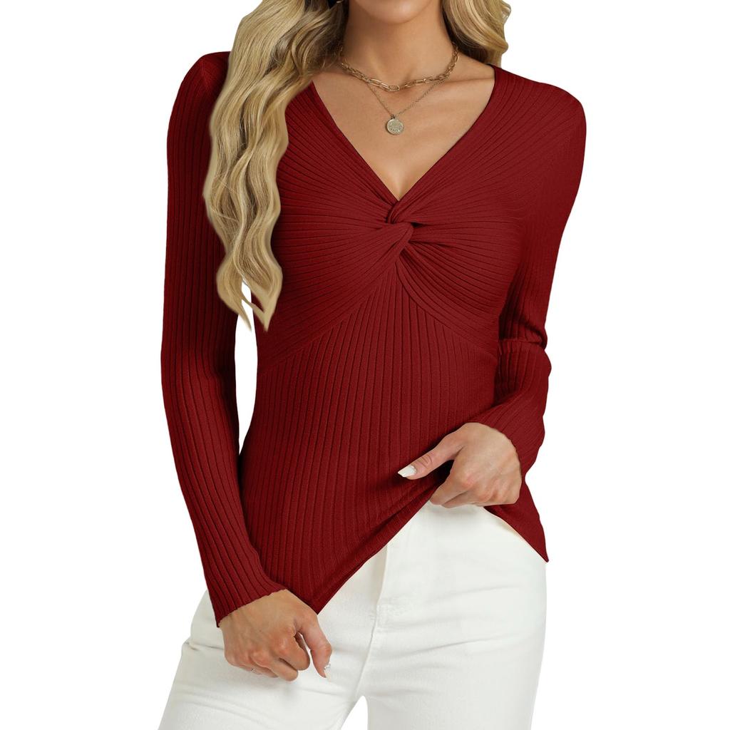 Women's Fashion Twisted V-Neck Slim T-Shirt Long Sleeve Pullover Solid Colour Top
