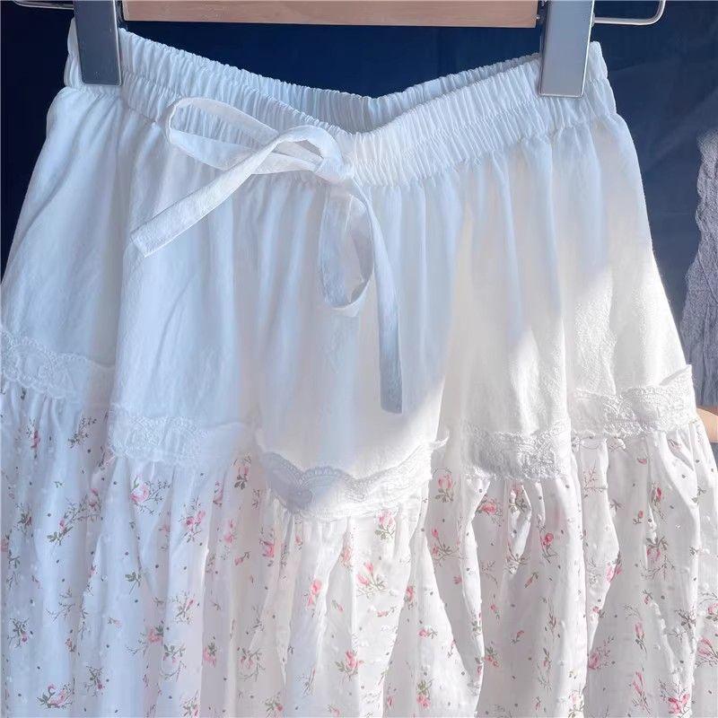 Fustă Maxi A-Line de Damă, de Primăvară/Vară, Făcută Manual - Croială Slim-Fit cu Garnitură din Dantelă Brodată și Imprimeu Floral Mărunt - Stil Feminin Dulce