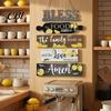 Solid Wood Bless Sign Wooden Kitchen Wall Decor, 5 Panel Food Family Love Plaque with Rope Hanging Sign, Farmhouse Art for Dining Room Living Pastoral