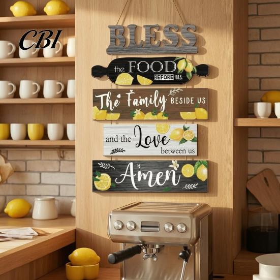 Solid Wood Bless Sign Wooden Kitchen Wall Decor, 5 Panel Food Family Love Plaque with Rope Hanging Sign, Farmhouse Art for Dining Room Living Pastoral
