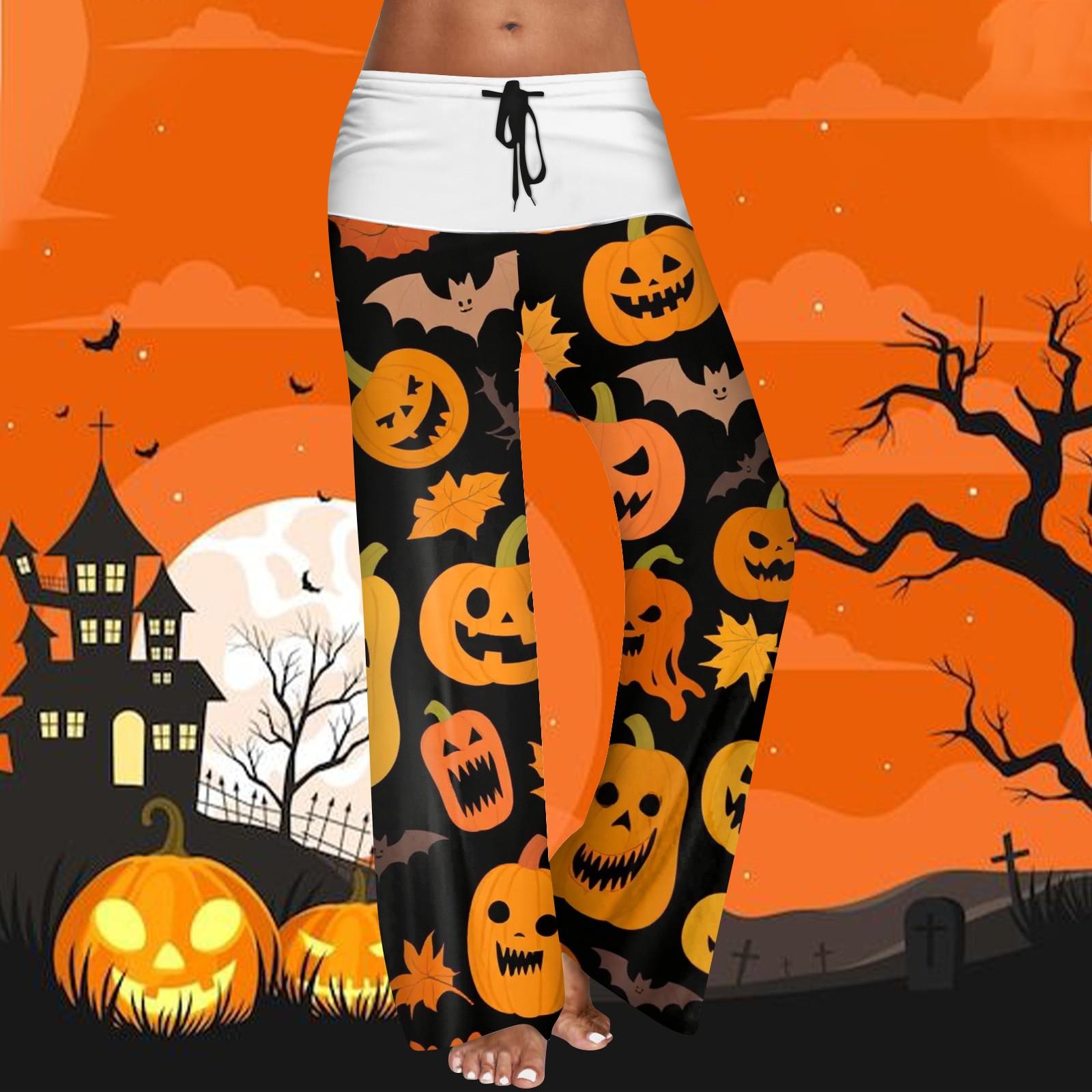 

Женские повседневные брюки с эластичным поясом на кулиске, широкими штанинами, цветной вставкой и принтом на Хэллоуин M шафрановый