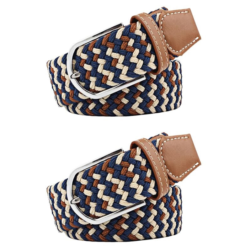 

[RAKUKOU] belt men s mesh belt Set of 2 Free size adjustment braid ladies elastic belt extend casual business gentleman (beige coffee blue, 105CM)