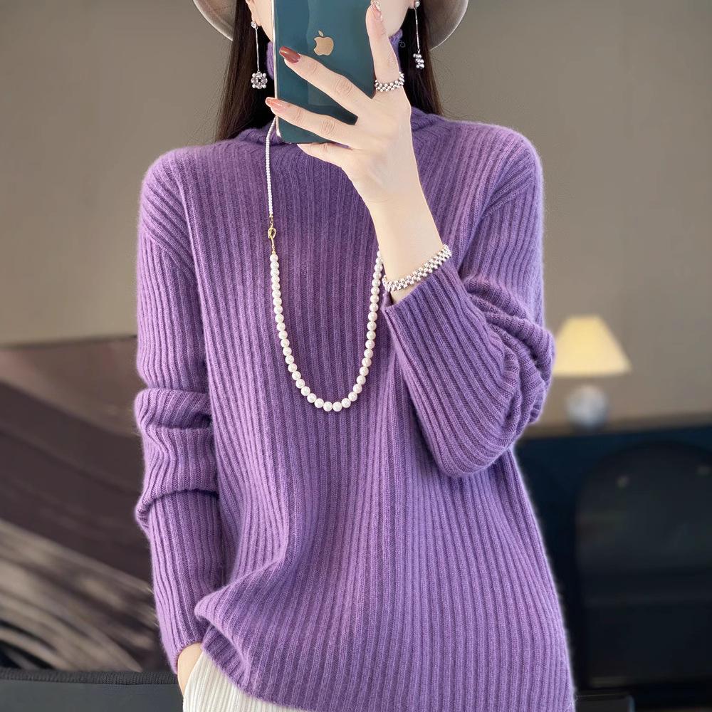 Women's High-Neck Thick Knit Sweater, Autumn/Winter Korean Style, Loose Fit, Slouchy Neck Knitwear