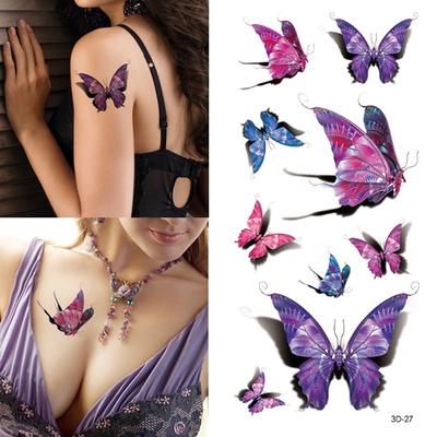 Autocollant de tatouage temporaire, Art corporel, papillon 3D, plume de Rose, étanche