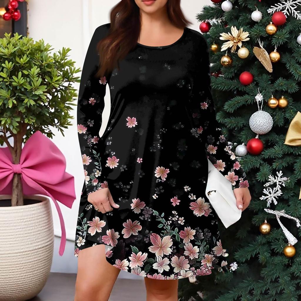 Plus Size Women's Gradient Print Casual Spring/Autumn Pocket Round Neck Long Sleeve Dress