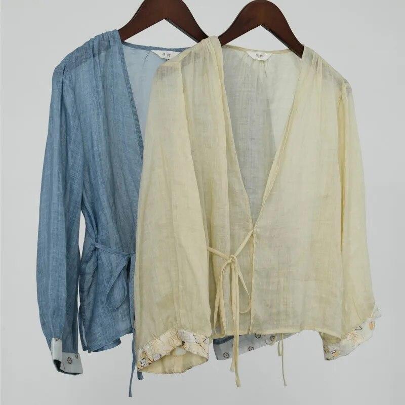Johnature Women Ramie Solid Color Shirts Tops V-Neck Long Sleeve Summer Blouses Casual Patchwork Shirts