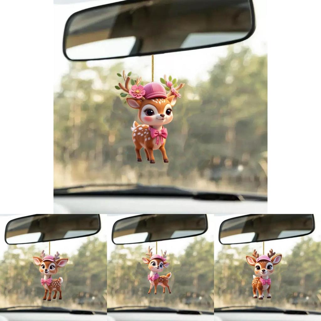Auto Deko Acryl Cartoon Hirsch Spiegel Ornament Mit Rosa Hut Und Schleife Für Kinder Auto Innenraum