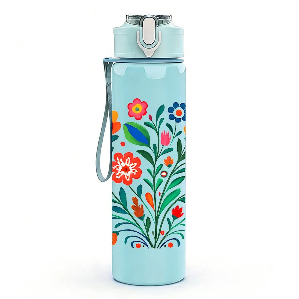 1PC Bright Folk Style Flower Bouquet Print 750ml Color Plastic Sports Water Bottle Leakproof Flip Straw Lid Suitable for Sports Office Home Use
