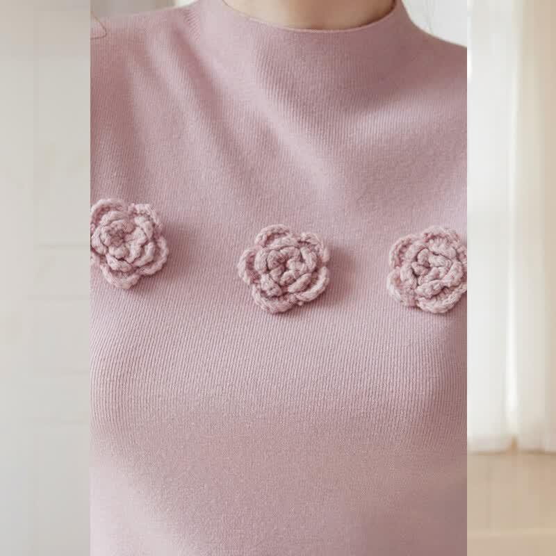 Women's French Sweet 3D Floral Slim Knit Top