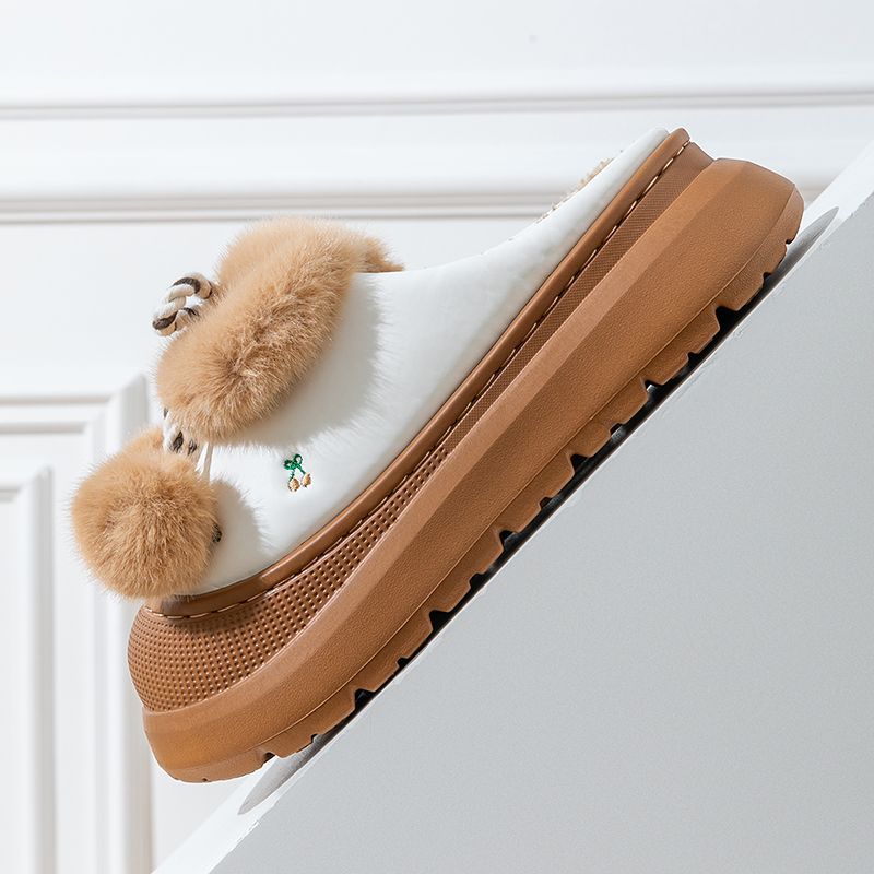 New bow pompon thick furry slippers women's winter waterproof leatherette shoes home plush slipper ladies platform slides shoes