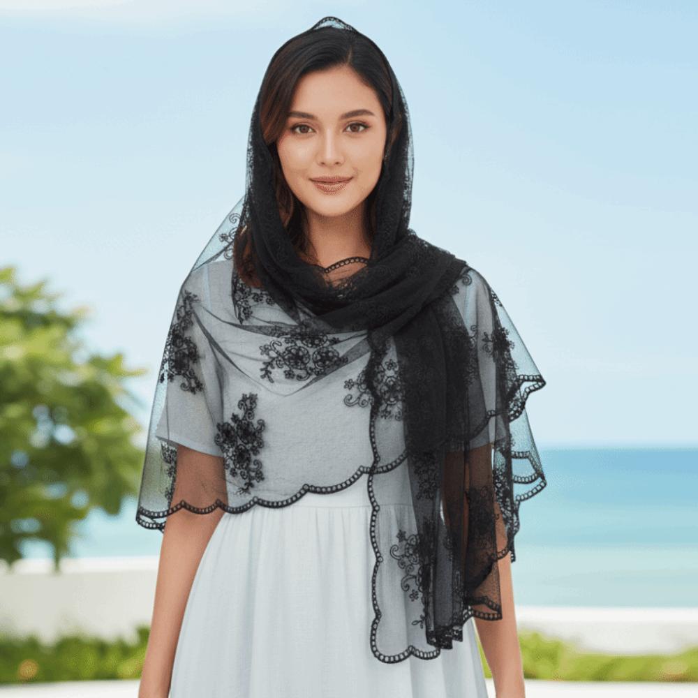 Embroidered Floral Headwrap Lightweight Long Lace Scarf Mesh Stole Summer Hijab Elegant Lady