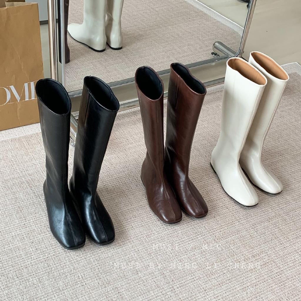 Fransk inre höjdökning men knähöga stövlar dam 2025 nya tunna knähöga stövlar fyrkantig tå platt botten ärm riddarstövlar