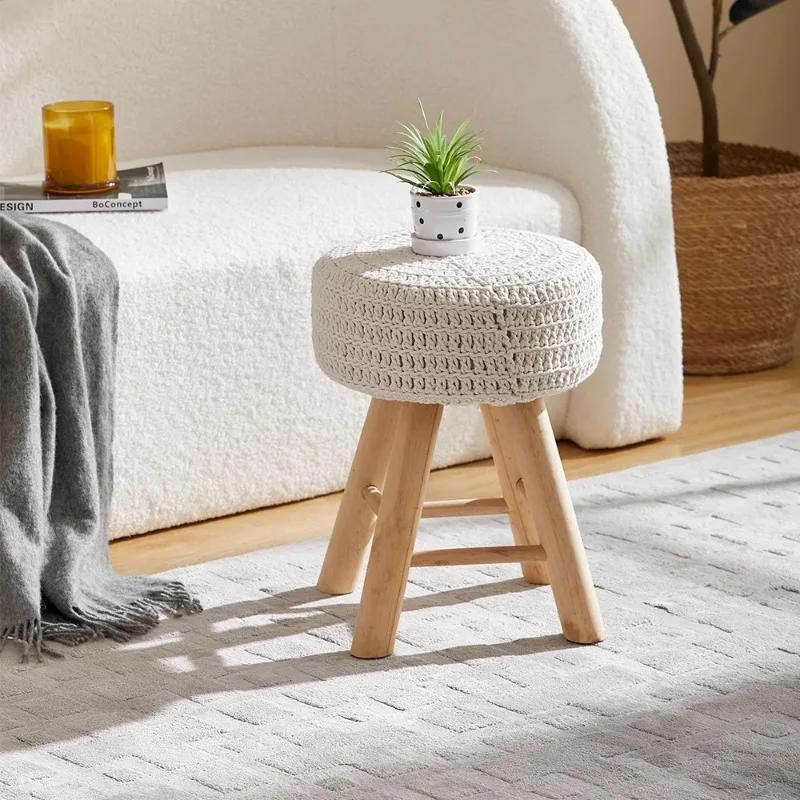 Solid Wood Nordic Makeup Stool Vintage Dressing Stool Woven Fringe Round Seat Upholstered Stool for Guesthouses