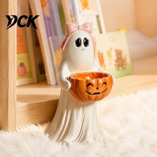 Halloween Table Decorations Resin Ghost Statue with Pumpkin Candy Bowl for Decor, Detailed Tabletop Figures Cute Desktop Organizer Living Room Bedroom