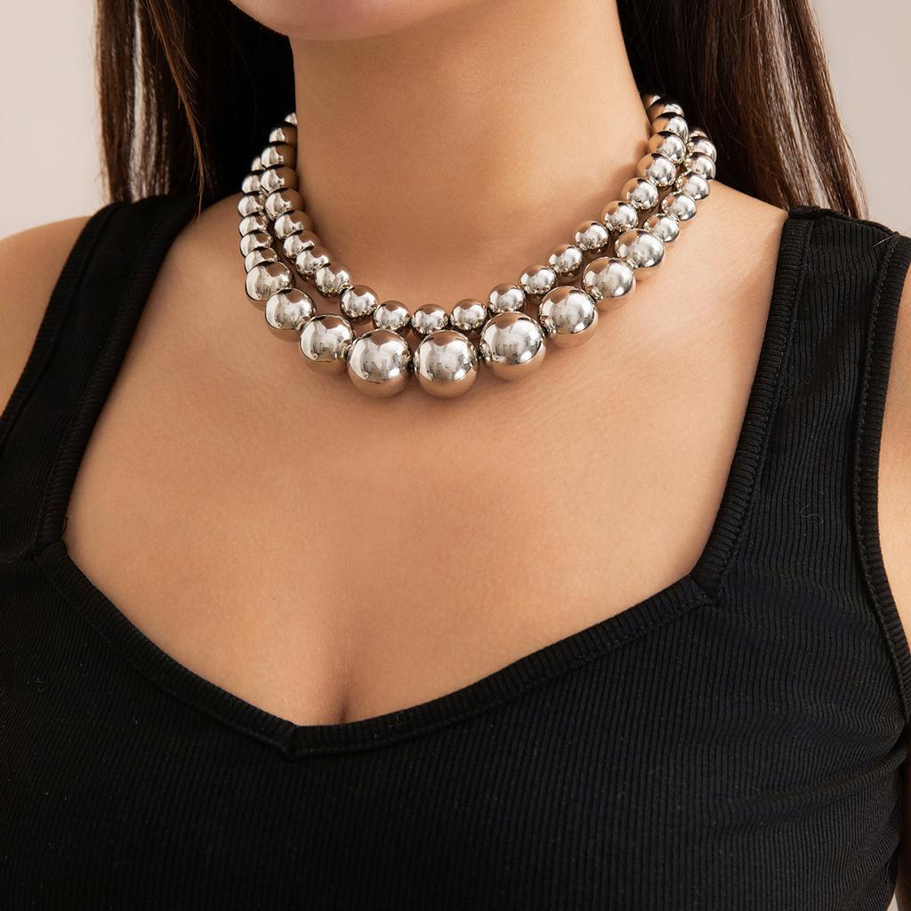 European and American jewelry, exaggerated cyberstyle multi-layer round bead stacking necklace, simple and personalized beaded necklace