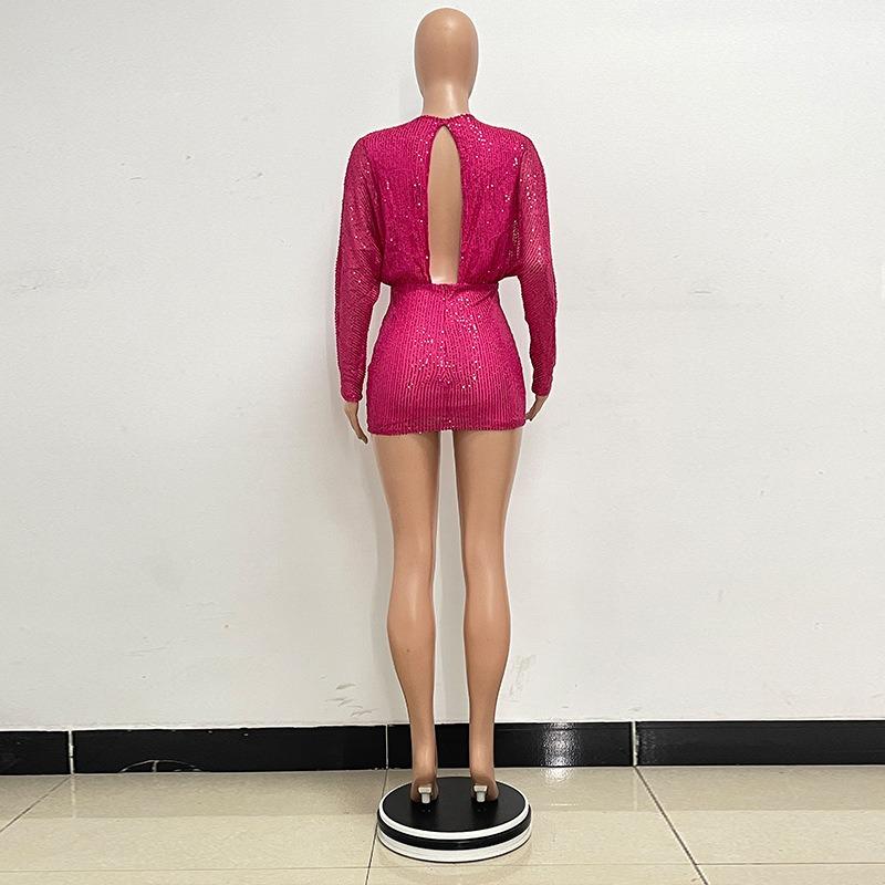 Dress Summer Women's Deep V Backless Cutout Dress Long-sleeved Sequin Hip Wrap Dress