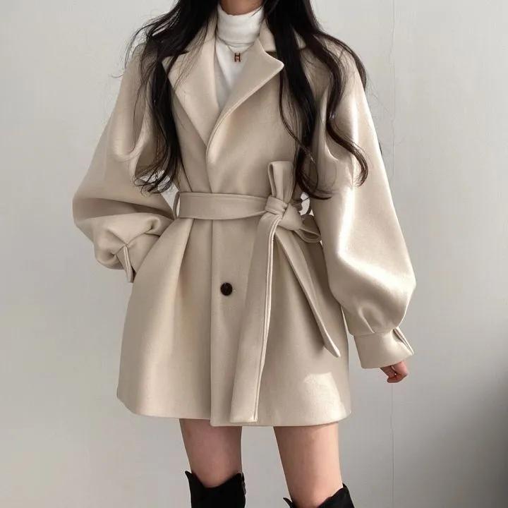 Women's Autumn Solid Color Simple Temperament Trench Coat In Long Tweed Jacket