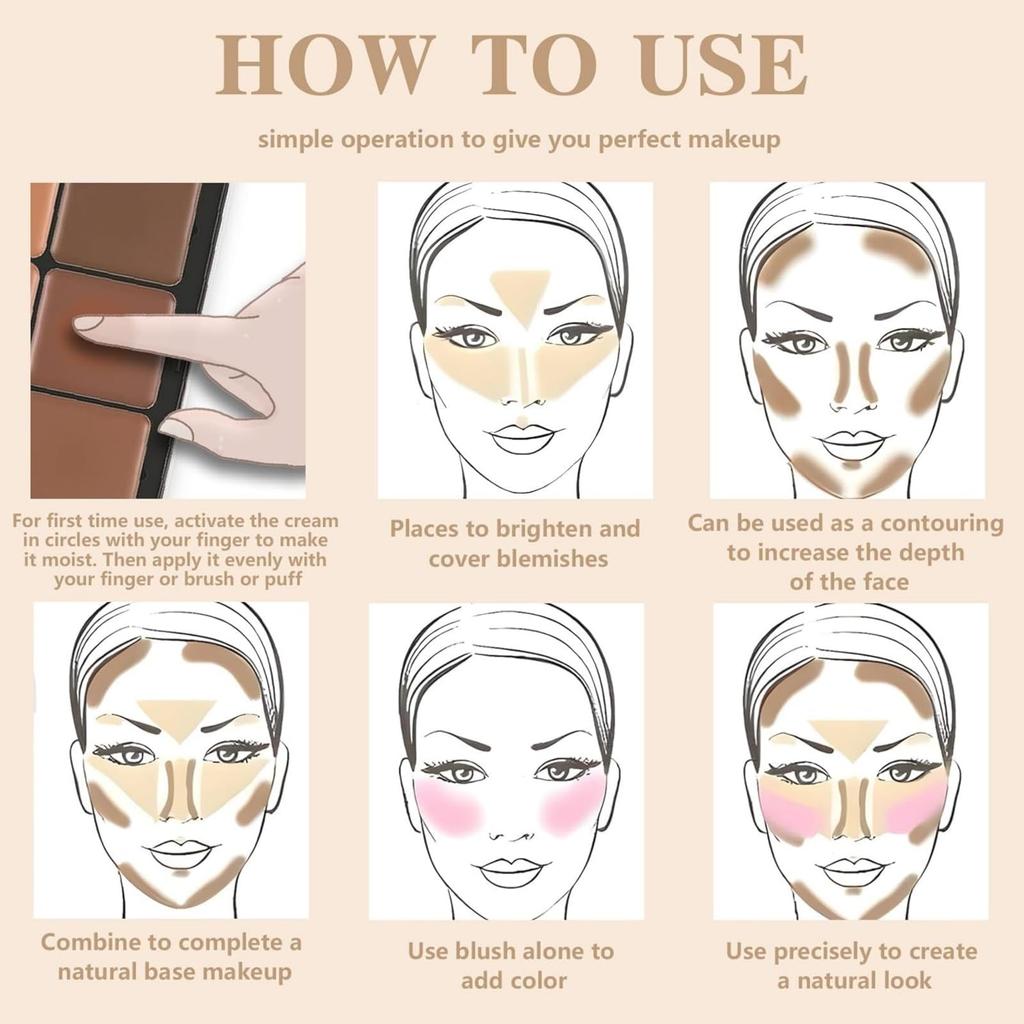 Paleta de Corretivos com 12 Cores e Paleta de Blush com 12 Cores, Maquiagem de Cobertura Total, Longa Duração, À Prova de Manchas, Aparência Natural, Misturável, Blush com Acabamento Matte