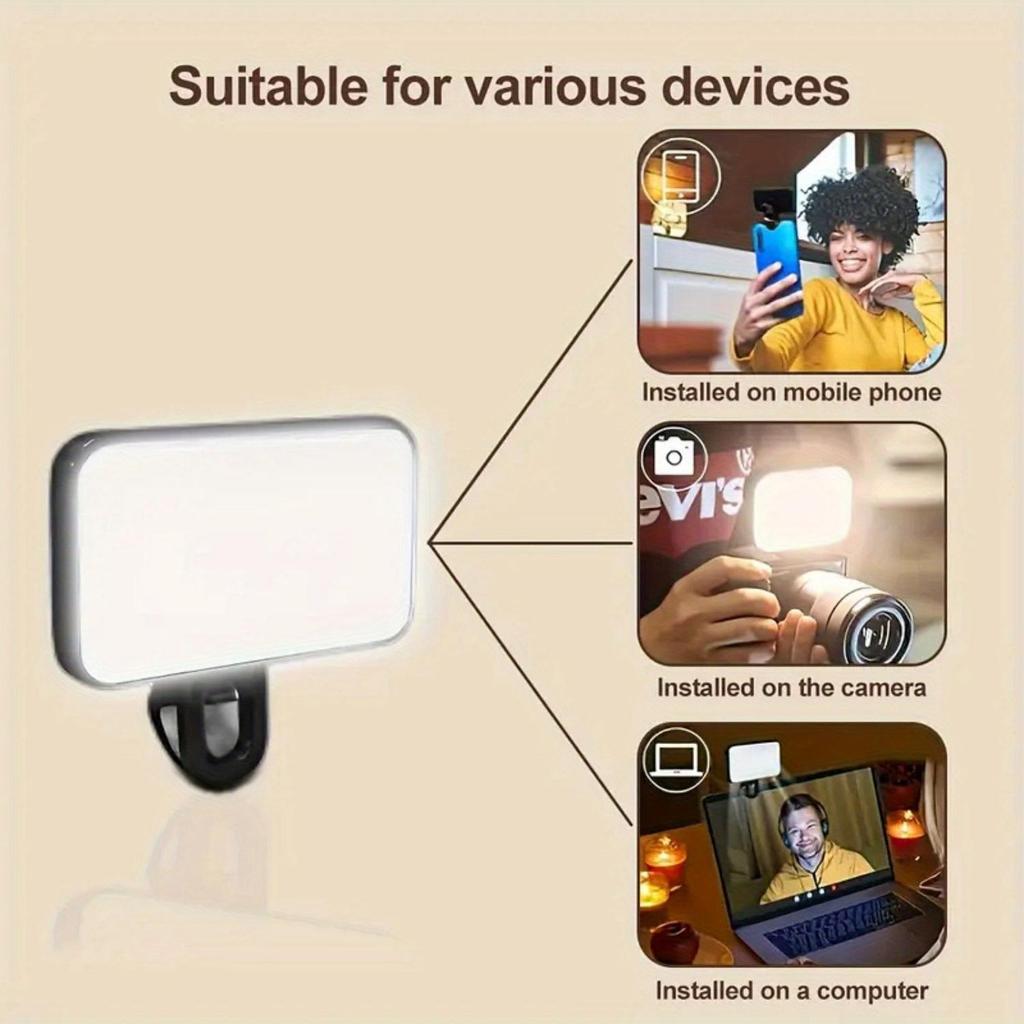 Portable Rechargeable Selfie Fill Light Clip-On LED Ring Lamp with 3 Color Modes for Phone Laptop Tablet Video Call Vlog Photography