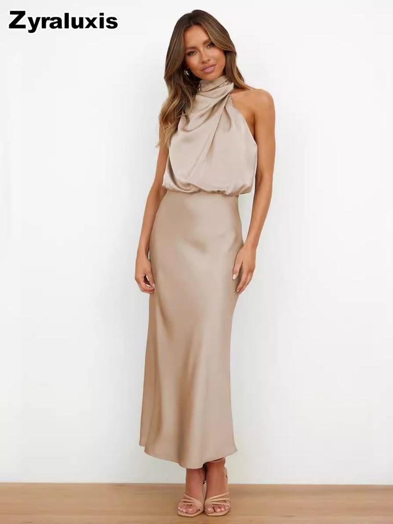 Luxury Satin Sleeveless Dress for Women - Elegant Evening Gown for Spring/Summer Collection