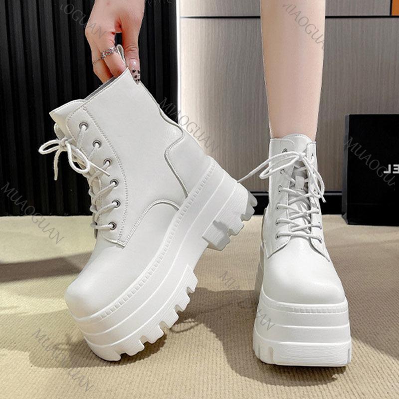 Fashion Women Platform Boots Casual 12CM Chunky High Heels Lace Up Ankle Boots for Women Nightclub Party Black White Heightening Botas
