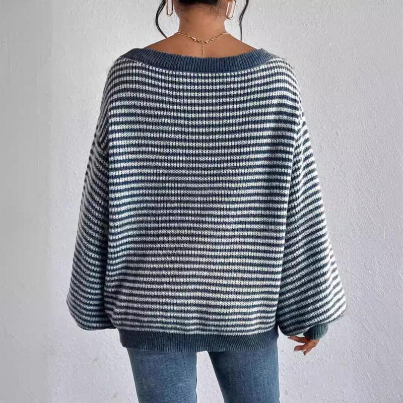 Off The Shoulder Striped Sweater Women Autumn Winter Fashion Loose Soft Neckline Casual Knitted Sweaters