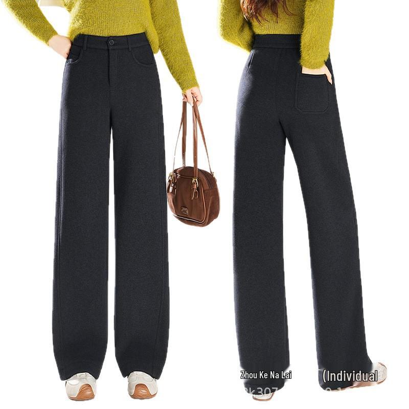 Women's Autumn Winter Plush-Lined Elastic Waist Straight Leg Pants