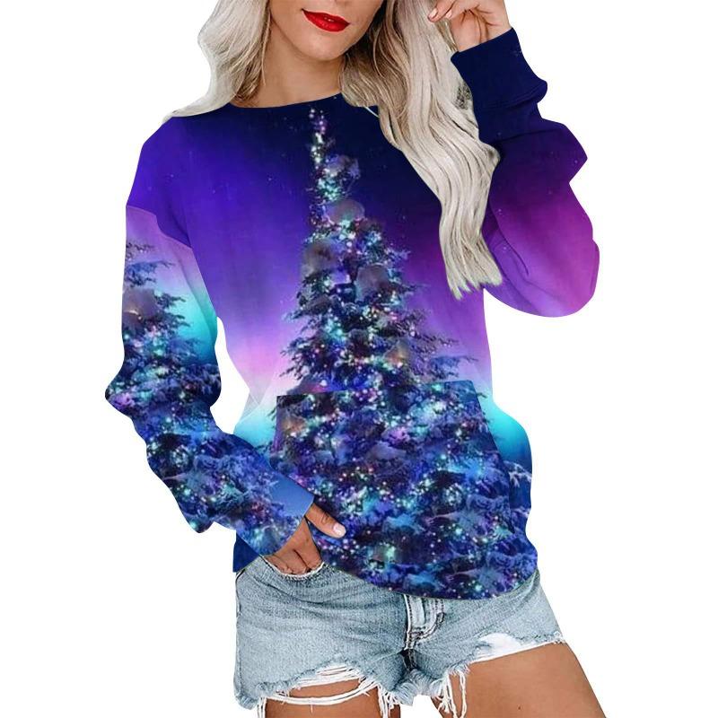 Autumn Winter Fashion Christmas Series Christmas Tree Elk Printed Pocket Round Neck Hoodie