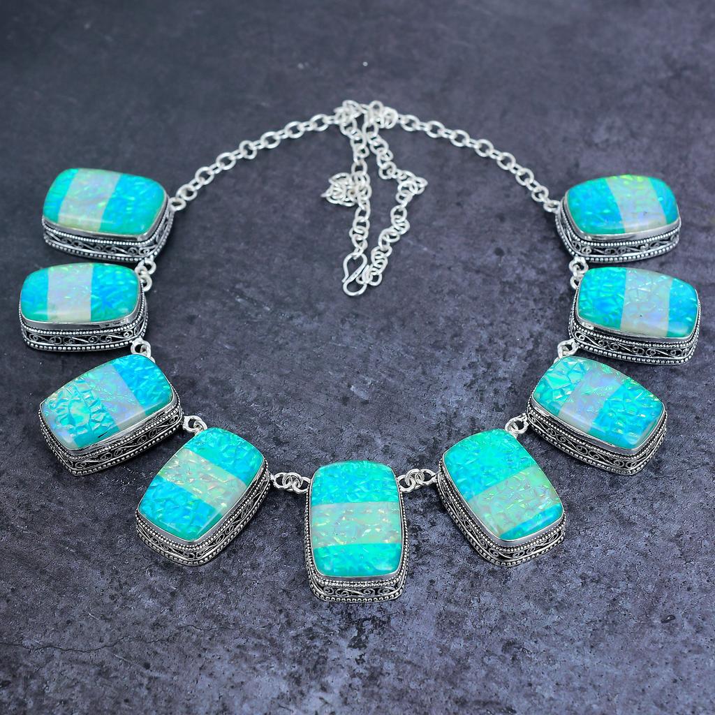 Natürlicher grüner Triplet-Opal 925 Sterling Silber Schmuck Halskette 18" i9k32