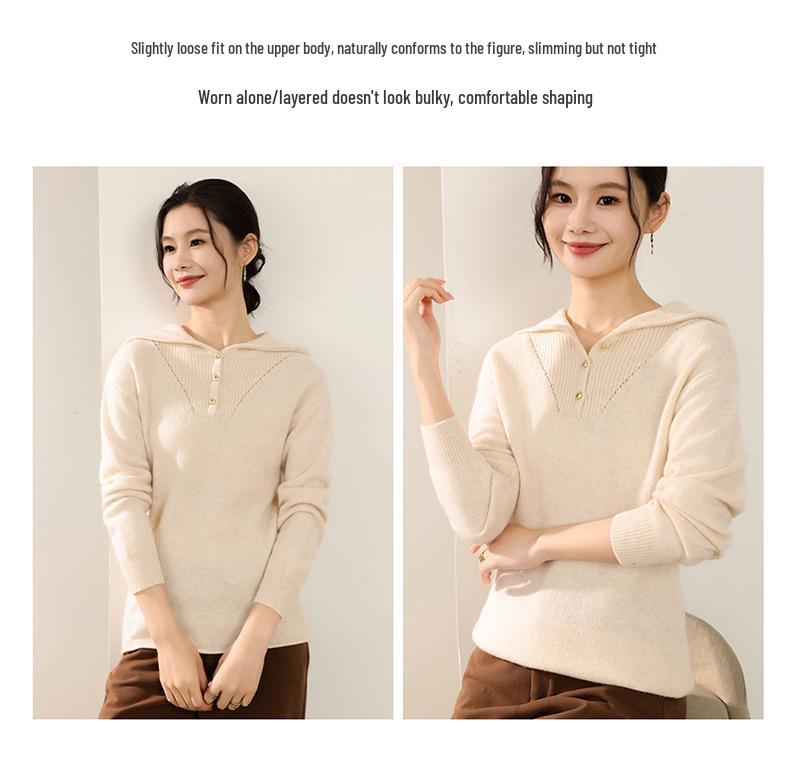 Women's 100% Pure Wool Half-Zip Hooded Sweater with Gold Buttons - New Autumn/Winter Fashion