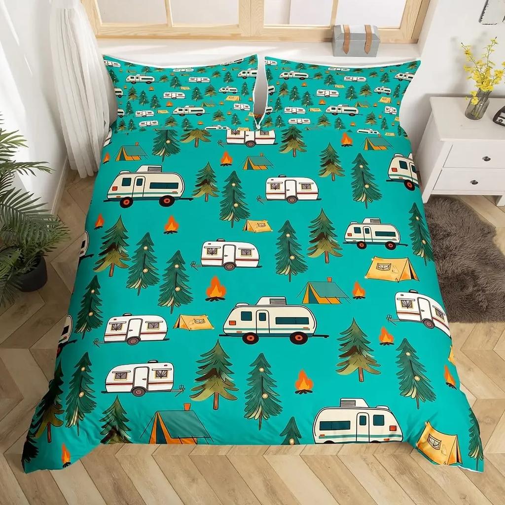 Camping Bedding Set Full King Size Cartoon Rv Camping Car Duvet Cover Set Camper Accessories For Travel Trailers Comforter Cover