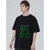 Black Oversized T Shirt with Green Cat Wearing Sunglasses and Leather Jacket Graphic for Casual Streetwear Style