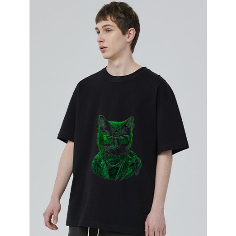 Black Oversized T Shirt with Green Cat Wearing Sunglasses and Leather Jacket Graphic for Casual Streetwear Style