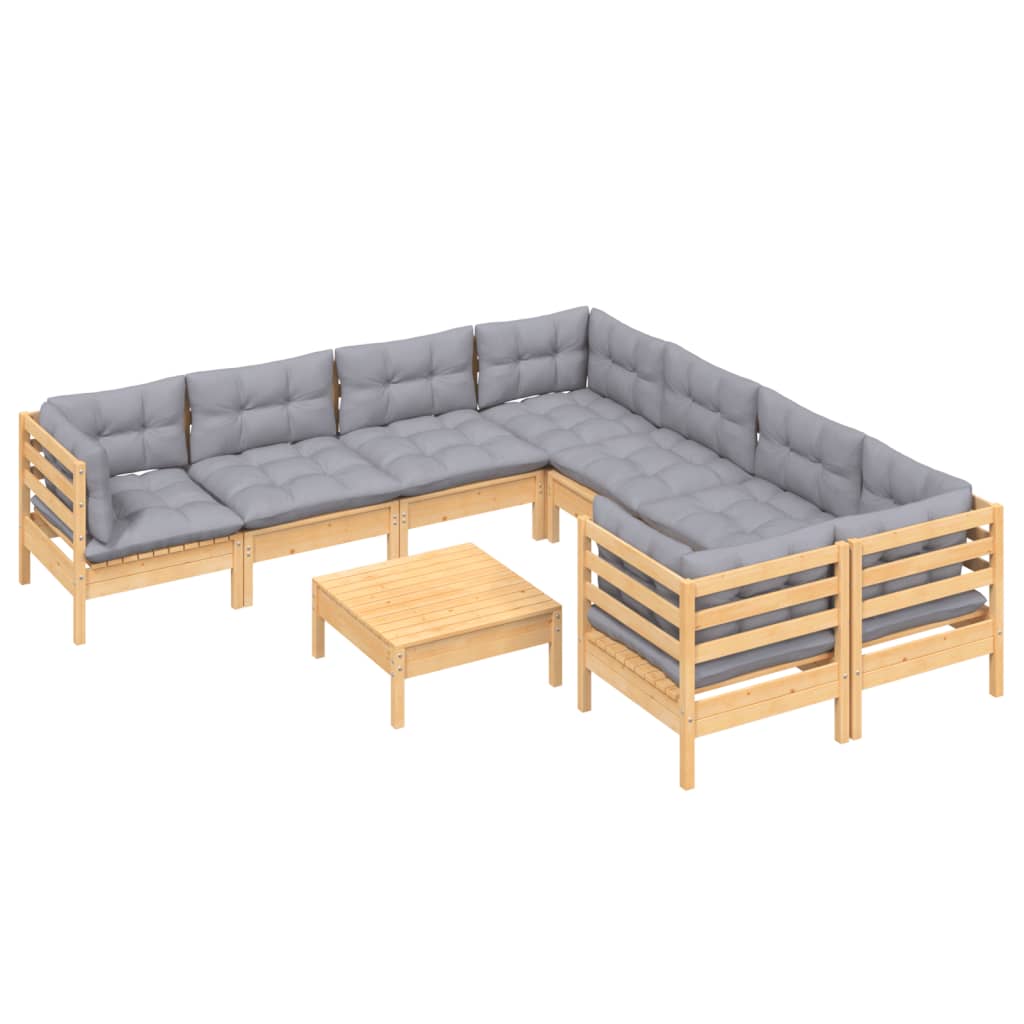 Vidaxl 9-Cz. Garden Lounge Set, Grey Cushions, Pine