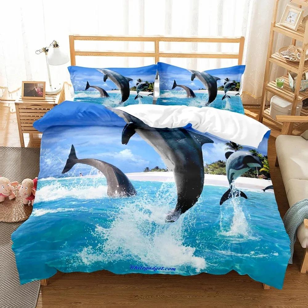 Fashion Blue Dolphin Duvet Cover Set Cute Aniaml Bed Linen Pillowcase Luxury Home Texitle Queen Full Size 3D Bedding Sets Sea