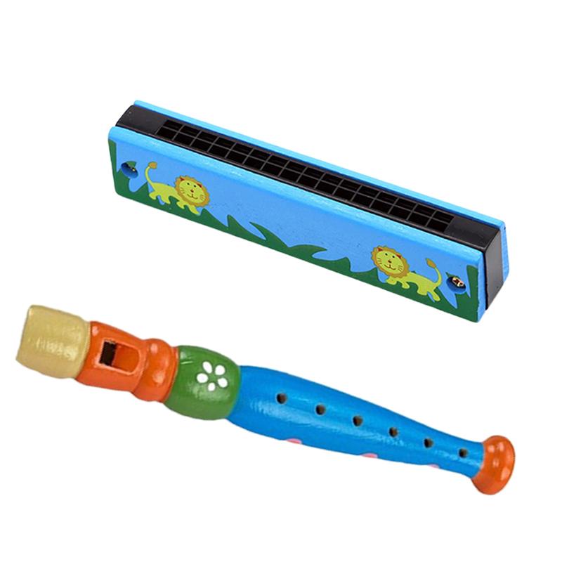 Cartoon Mini Instruments Set Suitable for Beginners 6-hole Wooden Flute Harmonica Colorful Party Favors Festival Gift TMZ