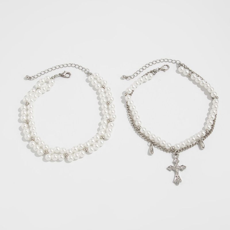 

Set of Cross Imitation Pearl Anklets, European and American Fashion Trendy and Unique Accessories for Girls to Wear When Traveling and Taking Photos Silver