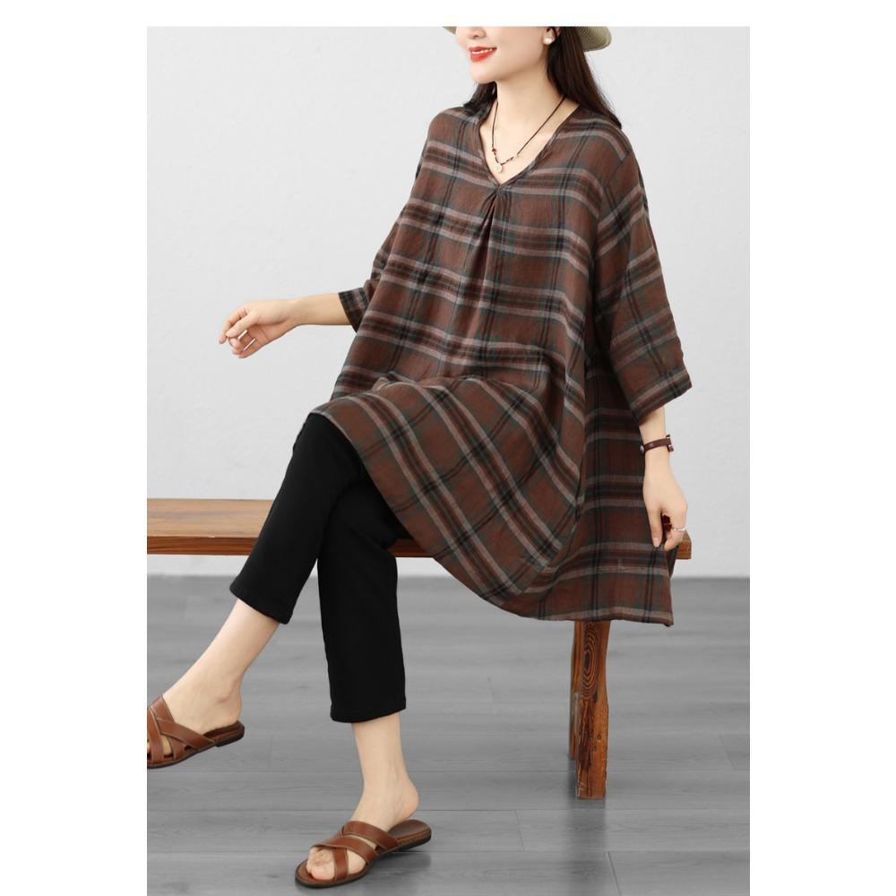 DIMANAF 2026 Summer New Plus Size Women T-Shirts Casual Vintage Print Plaid Blouse Shirts Lady Tops Tees Cotton Oversized