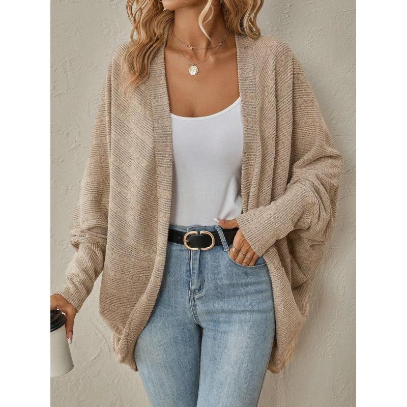 Women Open Front Ribbed Knit Cardigan Solid Blue Loose Batwing Long Sleeve Casual Outerwear Coat