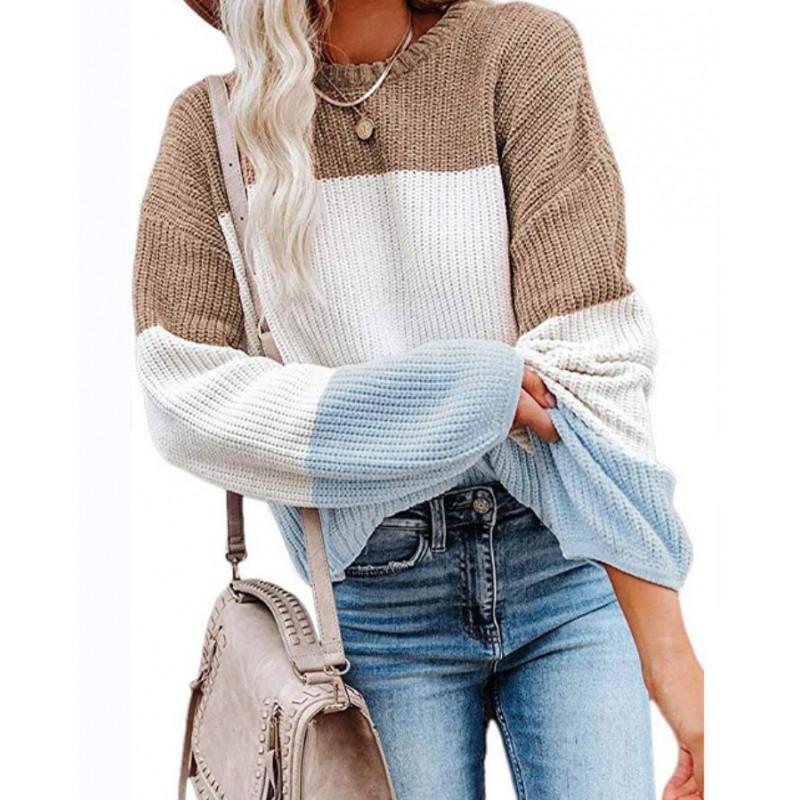 Womens Winter Loose Knit Sweater With Color Block Lantern Sleeves Round Neck Long Sleeve
